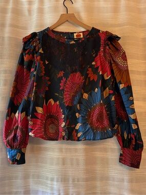 Farm Rio for Anthropologie Sunflower Puff Sleeve Lace-Yoke Blouse | 100% Cotton
